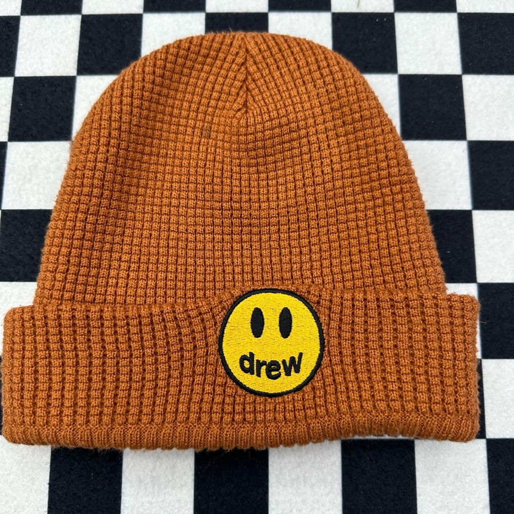 DREW Rust Knit Beanie with Yellow Smiley Patch